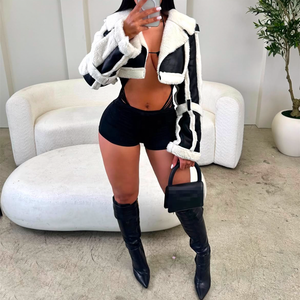 Veste de moto courte en cuir PU pour femme, style streetwear patchwork avec fourrure, style bomber court, manteau à manches longues - Product Image 2