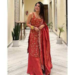 DESIGNER <b>SILK</b> EMBROIDERY SEQUENCE WORK TOP PALAZZO WITH DUPATTA <b>RED</b> - Product Image 1