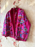 Blouson Bomber Unisexe Artisanal en Velours Brodé Vibrant, 100% Coton Respirant, Finition Tissée Hiver, Motif Floral Bohème