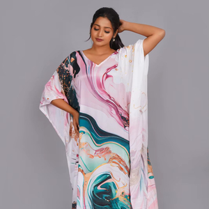 Loose Fit Spring <b>Summer</b> Women's Luxury <b>Kaftan</b> Satin Floral Printed Breathable Drawstring Closure Beach Cover Gift Great Price - Product Image 1