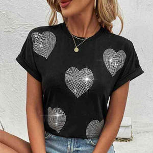 Camiseta de Mujer con Estampado de Flores en Forma de Corazón Rosa, Camiseta Sexy de Manga Corta para Mujer, Talla Grande - Product Image 4