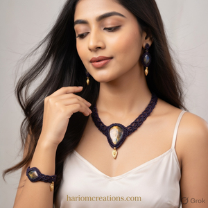 Conjunto de Joyería de Macramé Hecho a Mano con Labradorita, Collar, Pulsera y Aretes, Estilo Boho Azul Marino, Conjunto de Piedras Preciosas Naturales - Product Image 3