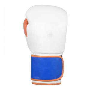 White Boxing Gloves with Blue Wrist <b>Strap</b> Leather <b>Velcro</b> Closure for Adults Training - Product Image 1