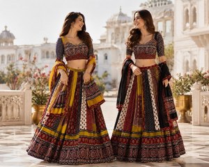 Lehenga Choli de Algodón con Estampado Tradicional Ajrakh y Patola, Diseño Multicolor de 8 Metros, para Navratri - Product Image 1