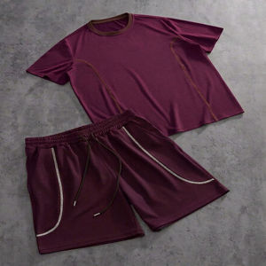 EIGHSTA WEARS Men's Purple Sporty T-Shirt and Shorts <b>Set</b> Crew Neck Quick Dry <b>Knitted</b> Cotton Comfortable Solid Summer Wear - Product Image 2