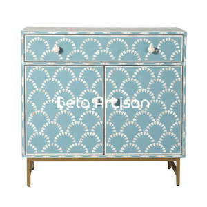 Table de chevet carrée en incrustation d'os bleu ciel faite à la main avec 3 tiroirs et motif floral blanc, meuble d'appoint bohème chic - Product Image 5