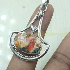 Pendentif en nacre orange, cuivre et turquoise, fait main, en argent 925, style vintage bohème ethnique, bijou artisanal unique, cadeau pour elle - Product Image 4