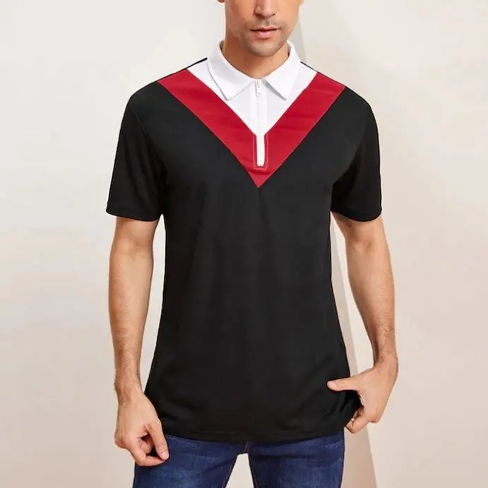 El más nuevo diseño de moda para hombre Colorblock Zip Half Placket Closure Polo T Shirt Venta al por mayor tela de la más alta calidad para hombre verano