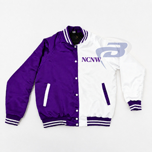 Veste universitaire en satin blanc et violet de la sororité NCV, lettres brodées, tissu satiné, vêtements de sport élégants, veste en satin réversible - Product Image 1