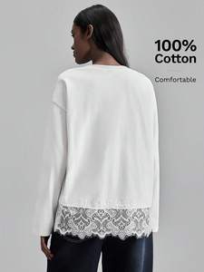 Custom Trendy White Lace Hem Long Sleeve Cotton Tee Women's Shirts Crewneck Loose Fit Casual Fashion T-Shirt Plus Size Blouses - Product Image 2