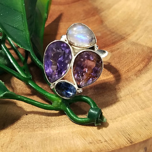 Natural Amethyst Moonstone Blue Kyanite 925 Sterling <b>Silver</b> Multi Gemstone Bohemia Style Third Party Certified <b>Statement</b> <b>Ring</b> - Product Image 4