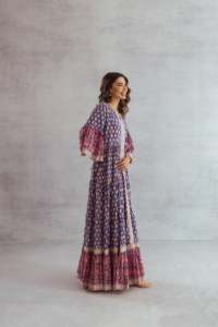 Boho Floral Print 100% Cotton Knitted Eco-Friendly Maxi <b>Dress</b> V Neck Bell Sleeve Loose Fit <b>Tassel</b> Ruffle Hem Summer Formal - Product Image 2