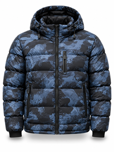 Men's Blue Hooded Waterproof Quick Dry Puffer <b>Jacket</b> Winter Warm Windproof <b>Casual</b> Zipper Front Polyester Wadding Regular Fit - Product Image 1