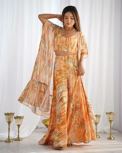 Nouvelle collection de kurtis 3 pièces en tissu faux georgette imprimé floral fantaisie, modèle Shrug, confection sur mesure, tailles XS à XXL - Product Image 2