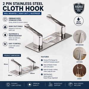 TwinGrip SS202 Hook <b>Rack</b> Heavy Duty Wall Organizer Stainless Steel Double Hook Hanger for Bathroom Bedroom and Entryway storage - Product Image 6