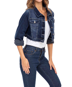 Women Dark Blue Wash <b>Cropped</b> <b>Denim</b> <b>Jacket</b> Button Front Long Sleeve Slim Fit Casual Jean Outerwear Fashion Coat - Product Image 3