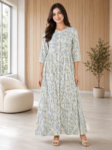 Vestido Maxi Estampado Floral para Mujer, Estilo Bohemio, Cuello Redondo, Mangas 3/4, Vestido Largo Informal Tipo Kurti, Ropa de Moda al por Mayor - Product Image 4