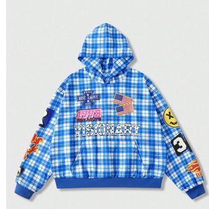 Custom Men Blue Plaid Graphic Oversized Hoodie <b>Y2K</b> Hip Hop Vintage Streetwear Fleece Pullover Sweatshirt High Quality <b>Tracksuits</b> - Product Image 1