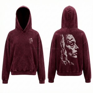 Custom Burgundy Hoodie Men Heavyweight Cotton Fleece Hoodies Vintage Wash Graphic Bat Print Streetwear Oversized Pullover Hoody - Product Image 6
