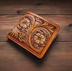 Handmade Genuine Leather <b>Wallet</b> With Floral Embossing Vintage Fold Closure Short Unisex Daily Use - Product Image 2