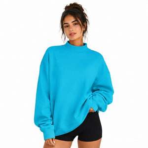 Women's Oversized Mockneck Sweatshirt Blue Cotton Bamboo Knitted Autumn Wear <b>Stand</b> Collar <b>Drop</b> Shoulder Full Sleeve - Product Image 1
