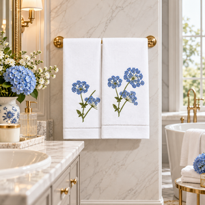 Luxury White Cotton Guest <b>Hand</b> <b>Towels</b> Delicate <b>Blue</b> Botanical Embroidered <b>Towel</b> Set for Bathroom Decor & Wedding Gifts - Product Image 2