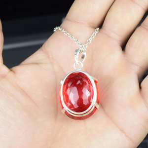 จี้แซฟไฟร์สีส้มทำมือ รูปไข่ เงินแท้ 925 ประดับอัญมณี เครื่องประดับวินเทจสำหรับผู้หญิง - Product Image 4