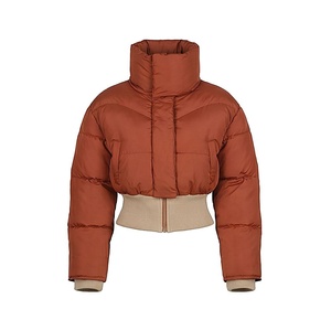 Quilted Jacket <b>Women</b> Winter Stand Collar Full Sleeve Short Length Contrast Color Zipper Closure Polyester Filling Woven Fabric - Product Image 1