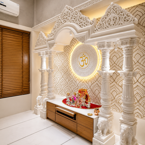 Luxury Hand Carved Makrana Marble Traditional Design Pooja <b>Mandir</b> Home | LED Backlit Om Symbol Floor Mount - Product Image 1