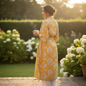 Robe kimono en coton à imprimé floral jaune pour femmes, col en V, manches longues, longueur longue, vêtements de nuit confortables, robe avec cordon de serrage fixe - Product Image 3