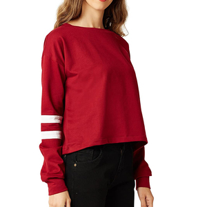 Sweat-shirt à col rond à manches longues rouge pour femme, couleur unie, en coton tricoté, haut décontracté avec des rayures blanches sur les manches - Product Image 3