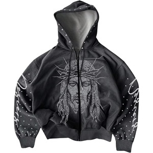 Men's Gothic Hooded Zip-Up Sweatshirt <b>Glitter</b> Cross Print Oversized Knitted Polyester Autumn Streetwear Style - Product Image 2