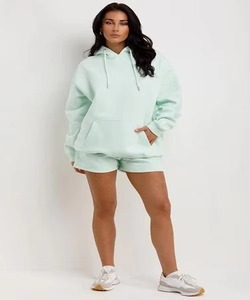 Conjunto de 2 Piezas para Mujer, Sudadera Larga con Capucha y Pantalones Cortos, Color Verde Menta, 100% Algodón, Corte Regular, Estilo Casual, Ropa de Calle para Invierno - Product Image 5