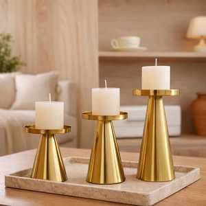 Ensemble de bougeoirs modernes en métal doré, support en laiton pour bougies pilier, pour centre de table, décoration de mariage minimaliste, cadeau de luxe pour l'inauguration d'une maison - Product Image 2