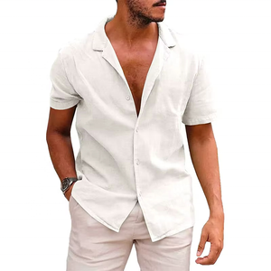 Chemise décontractée homme en coton et lin, motif à pois, couleur unie, col à revers, boutonnée, taille XXXL, collection été, best-seller - Product Image 1