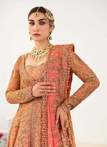Orange Red Modern Embroidered Appliques Bridal <b>Lehenga</b> Choli Wedding Dress Long Sleeve Floor Length Chiffon A-Line Sweep Train - Product Image 2
