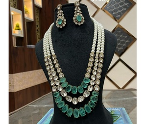 Attractive Kundan Long Layered <b>Necklace</b> <b>Set</b> Fashionable Stone With <b>Pearl</b> Look <b>Necklace</b> Designed for Women for Wedding Engagement - Product Image 1