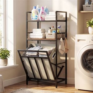 Cesto Portabiancheria Ribaltabile Nero Rustico Marrone a Doppio Livello con 4 Ganci a S in Rattan, Bambù, Legno Ingegnerizzato e Metallo per Bagno - Product Image 6