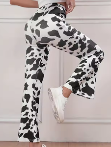 Hardhoodi Interination Women High Waist <b>Cow</b> <b>Print</b> <b>Flare</b> Pants Elastic Waist Full Length Sporty Trousers with Pockets All Seasons - Product Image 3