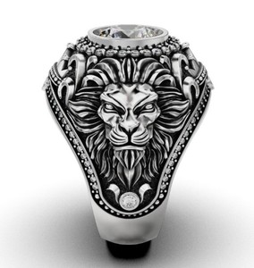 Premium 925 <b>Silver</b> Lion Face <b>Ring</b> With Large CZ Stone Antique Carved <b>Men</b> Women Statement Jewelry - Product Image 4