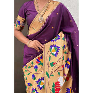 Sari en soie Paithani avec bordure large Zari tissée, concept vin et demi-couleur, vêtement indien/pakistanais, 700g Elite Weaves - Product Image 4
