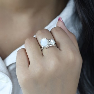 Handmade Moonstone Double Textured Band <b>Ring</b> Sterling Silver Oval Gemstone Statement Jewelry <b>Boho</b> Stackable <b>Ring</b> for Women - Product Image 2