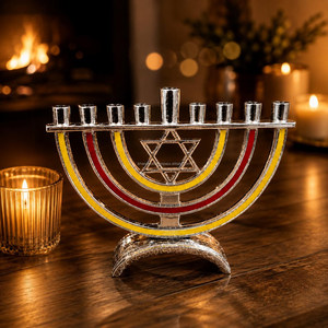 New I K HANDICRAFT Modern Aluminium Enamel Hanukkah Menorah <b>Candlestick</b> Holder <b>Silver</b> Finish Red/Yellow Enamel Heat Resistant - Product Image 2