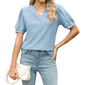 T-shirt casual estiva da donna con scollo a V e maniche corte plissettate - Product Image 1