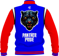 Jaket Varsity Panther Pride Musim Dingin Biru Merah Lengan Panjang Kancing Depan Bordir Pola Solid Unisex Dewasa Regular Fit