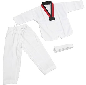 Uniforme de Taekwondo Blanco con Cinturón Rojo y Negro para Niños, Ropa de Artes Marciales, Transpirable, de Algodón, de una Pieza, Corte Regular - Product Image 3