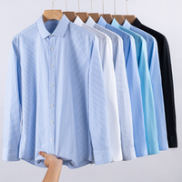 Kemeja Pria Bergaris Poplin Kerah Tegak Bernapas 100% Katun 140g Lengan Panjang Kancing Depan Kasual Musim Semi Pakaian Kantor Dewasa