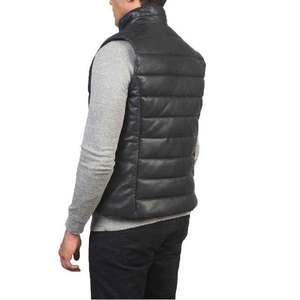 <b>Men's</b> Black Genuine <b>Leather</b> Stand Collar Puffer <b>Vest</b> With Zipper Closure Windproof Casual Winter Outerwear - Product Image 3