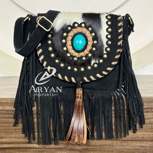 Nuevo estilo occidental pelo en cuero de vaca gamuza bolso con flecos de cuero genuino bolsos de hombro bohemios de alta calidad para mujer con piedra turquesa - Product Image 1