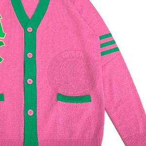 Cardigan personnalisé Alpha Sorority rose et vert pour femmes, en acrylique tricoté, col en V, broderie logo grec, style universitaire hiver - Product Image 5
